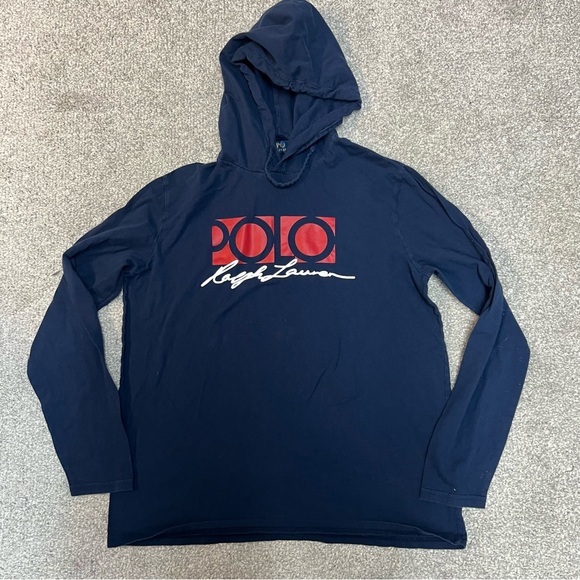 Polo Ralph Lauren Shirt Mens Large Hooded Blue Lightweight Cotton Spellout Logo - Picture 1 of 6